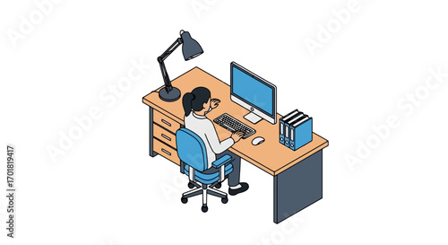 Isometric Illustration Of A Woman Working At A Desk With Computer And Lamp: Ideal For Website Graphics, Explainer Videos, And Educational Materials About Remote Work