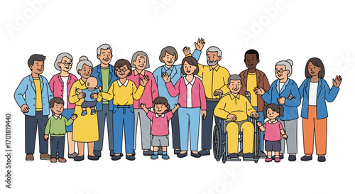 Diverse Group Of People Illustration, Embracing Generational Diversity And Inclusion, Ideal For Educational Materials, Social Awareness Campaigns, Or Corporate Diversity Initiatives.