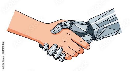 Human And Robot Handshake Depicting Technological Collaboration And Future Partnership In Innovation, Business, And Technology Development Projects.