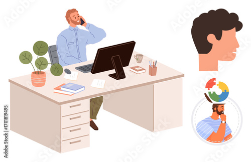 Man talking on phone while working at desk with computer and stationery. Includes side profile, abstract thinking, and puzzle head. Ideal for productivity, workplace, creativity, communication