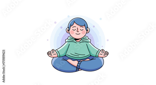 Serene Child Meditating In Lotus Position, Promoting Mindfulness. Ideal for illustrating children's books, educational materials.
