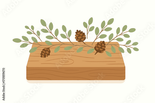 Wooden Board with Pine Cones and Greenery: Rustic Autumn Decoration