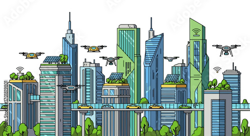 Futuristic Cityscape Illustration With Flying Drones And Sustainable Architecture For Visualizing Urban Planning, Technological Advancement, And Environmentally Friendly Development Projects.