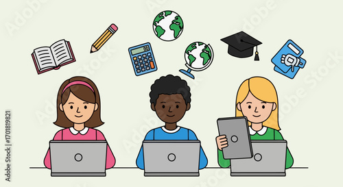 Diverse Children Learning Online with Educational Icons, Illustrating Modern E-Learning Environment For Schools, Educational Platforms, and Online Learning Resources.