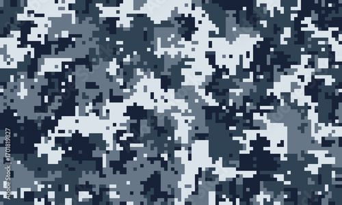 Abstract digital camouflage pattern in shades of blue and grey. Perfect for backgrounds, textures, or design elements needing a modern, tactical feel.