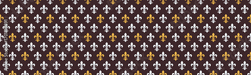 Elegant fleurdelis pattern in gold and silver on a dark background.  Perfect for invitations, website backgrounds, or textile designs.  This regal, repeating motif evokes sophistication and heritage.