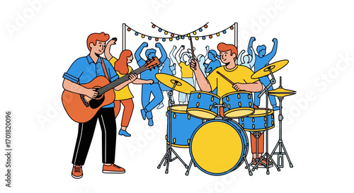 Energetic Live Music Performance With Crowd Illustration Depicting A Band Playing At A Party Or Festival, Used To Illustrate Events, Celebrations, And The Joy Of Live Music