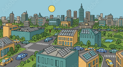 Sustainable Cityscape Illustration Showcasing Eco-Friendly Urban Planning And Renewable Energy Integration For Environmental Awareness And Educational Materials