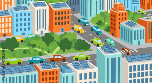 Colorful Urban Landscape Featuring Solar Panels On Buildings and Electric Vehicles On Streets, Ideal For Promoting Eco-Friendly Urban Planning And Sustainable City Development Initiatives