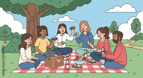 Diverse Friends Enjoying a Picnic in the Park, Sharing Food and Laughter Under a Tree. Suitable for illustrating community events, social gatherings, and outdoor lifestyle themes.