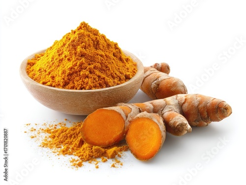 Turmeric powder and root on white