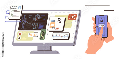 Health analytics on a computer screen with detailed medical data, records, and prescription info. Smartphone unlocks with fingerprint access. Ideal for healthcare, technology, security, telemedicine