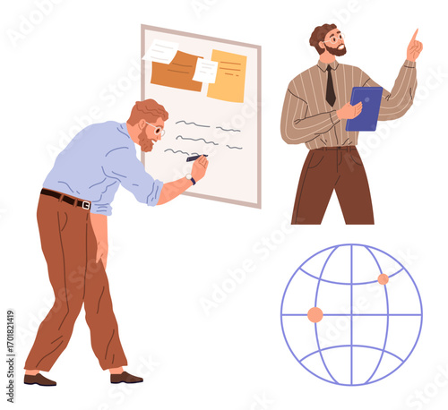 Two professionals brainstorm with a whiteboard, noting ideas and discussing strategies. A globe symbolizes global reach. Ideal for teamwork, project planning, communication, leadership, education