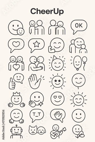 Cheerful Emoticons and Icons for Positivity and Happiness, Smiling Faces, Vector Illustrations