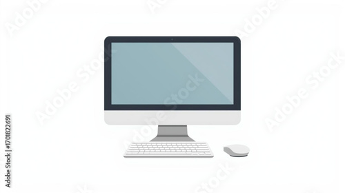 Modern desktop computer with a blank screen, keyboard, and mouse. Flat vector illustration of a personal workstation for office or home use isolated on a white background
