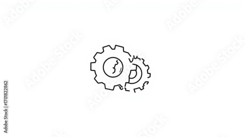 Two interlocking gears, symbolizing connection, teamwork, and the mechanics of progress and innovation, depicted in a minimalist line art style against a clean background