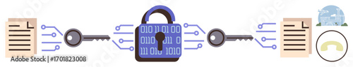 Central lock with binary code connects documents and keys, symbolizing secure data encryption. Ideal for cybersecurity, data protection, privacy, communication, technology, coding, simple flat
