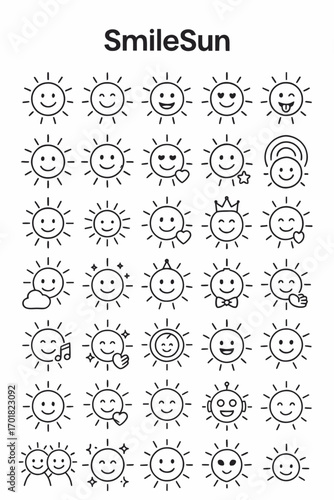 Vector set of cute sun character emoticons with various expressions. A line art icon collection of happy, sad, and funny smiley faces for weather design