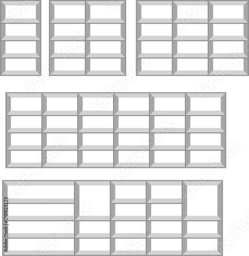 Design a series of modular shelving units with varying grid configurations. Each unit should consist of rectangular compartments arranged in rows and columns. Include multiple layouts: 2x4, 3x4, 4x4,