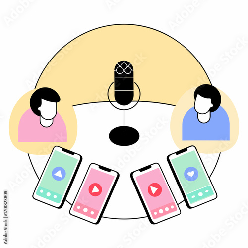 Vector art of podcast recording with microphone, phones, and people