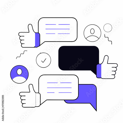 Vector art of thumbs up with speech bubbles and user icons for social media engagement