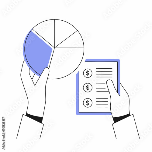 Vector art of hand holding pie chart and financial report business concept vector illustration in line art style