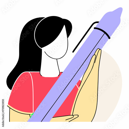 Vector art of woman holding a big pen, writing, drawing, sketching, signing, note taking