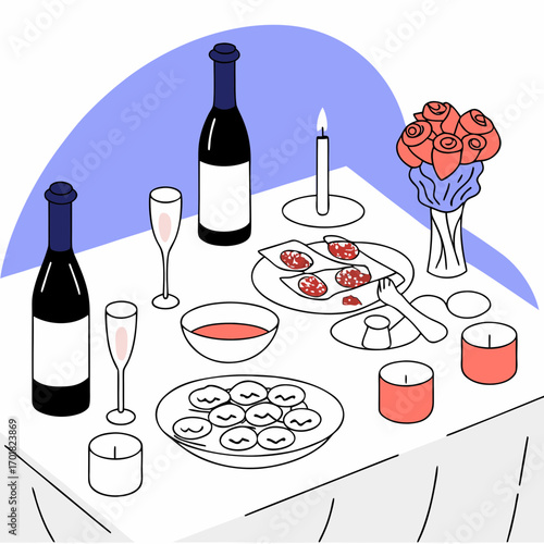 Vector art of romantic dinner with wine, champagne, candle, and flower for special occasion
