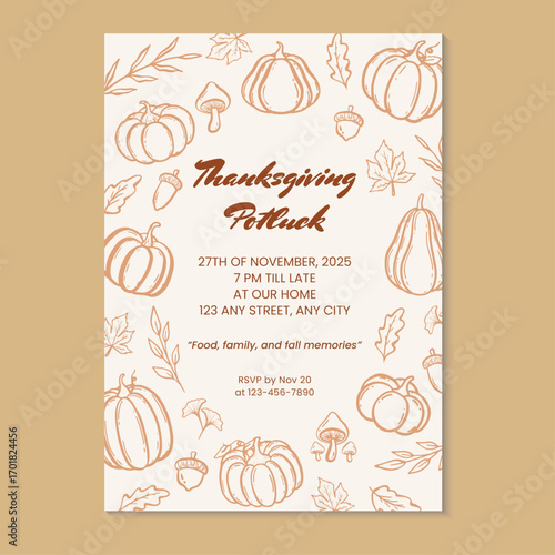 Thanksgiving potluck dinner invitation template with hand-drawn pumpkins and autumn leaves. Vector illustration hand drawn thanksgiving dinner invitation template.