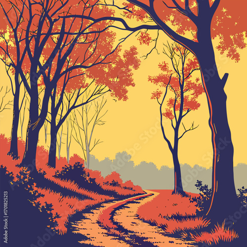 A winding path traverses through vibrant autumnal woodland with towering trees in the scene
