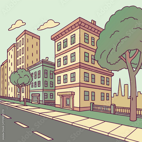 A quiet city street shows buildings, trees, sidewalks and a distant skyline behind