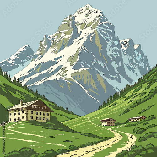 Alpine buildings sit below massive, snowcapped mountains within a verdant valley in daytime