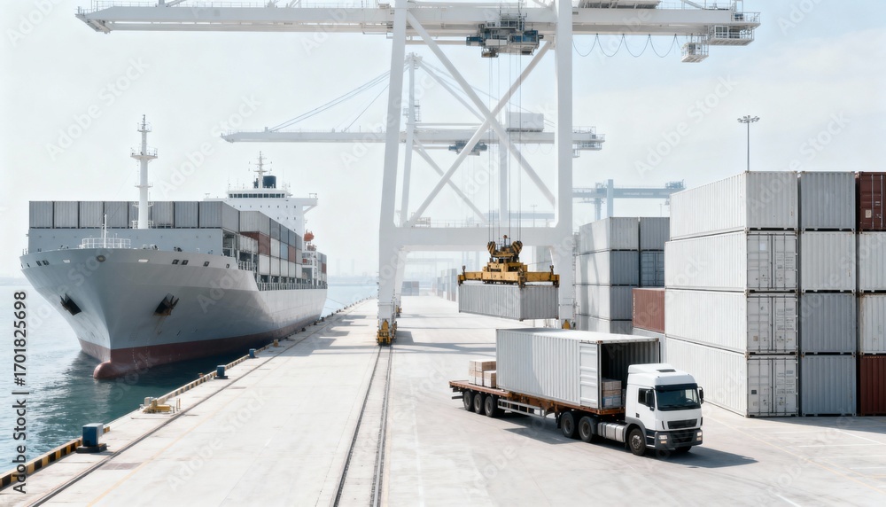 Fototapeta premium Efficient Intermodal Transportation: Cargo Ship, Crane Loading Containers onto Truck for Global Commerce and Logistics