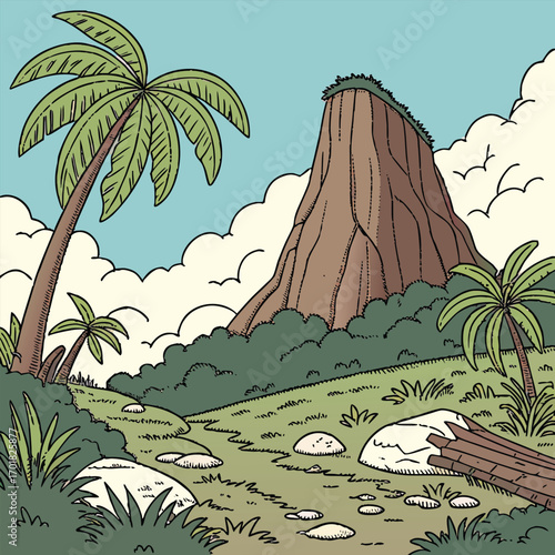 Cartoon island scenery features palm trees, lush greenery, distant mountain, and blue sky
