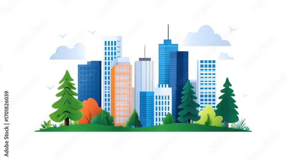 Obraz premium Modern City Skyline with Green Trees and Colorful Building Facades