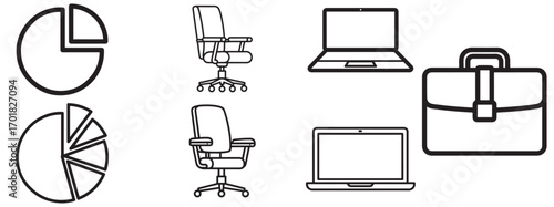 An illustration of business objects including charts chairs laptops and a briefcase in black and white
