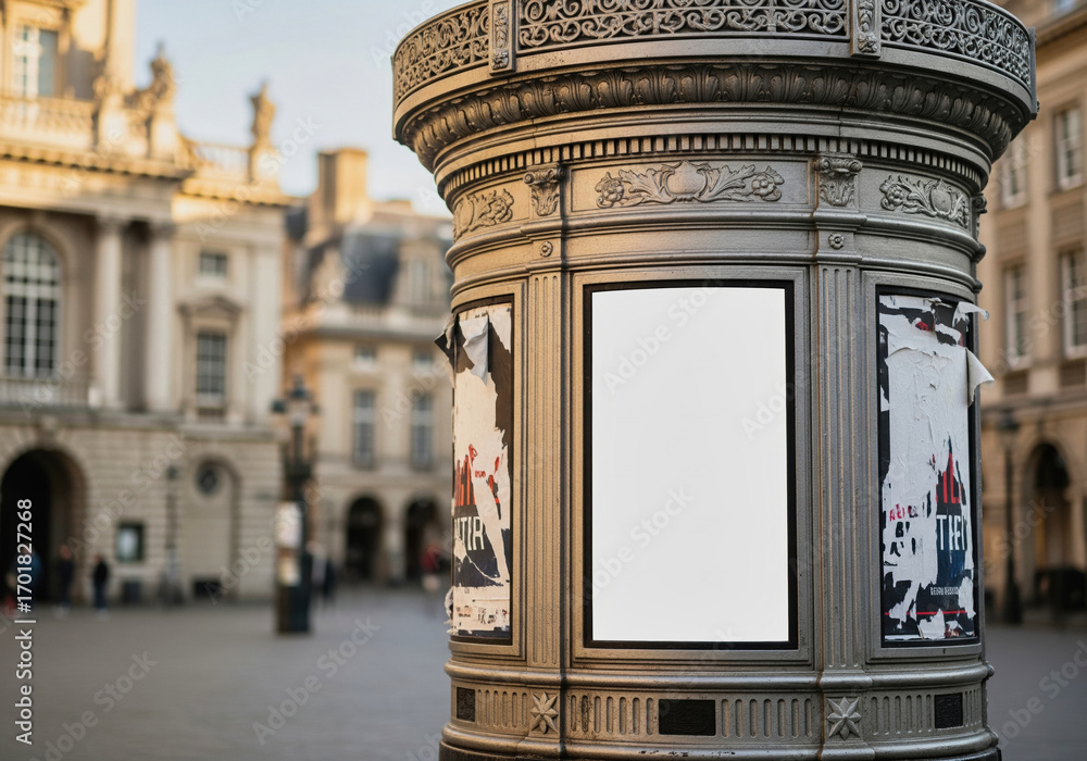 Obraz premium A blank poster mockup on a classic advertising column in a European city for a theater or an event