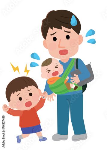 ワンオペ育児に追われる父親と子ども　イラスト