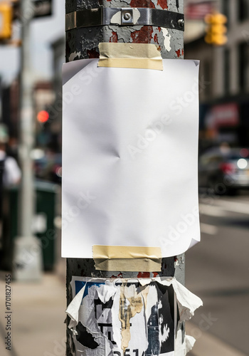 Fototapeta Naklejka Na Ścianę i Meble -  Small blank flyer mockup taped to a lamppost or utility pole on a busy city street