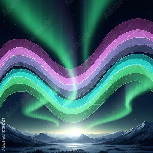 Vector illustration of a surreal mountain landscape at sunrise, crowned by vibrant low-poly ribbons of the aurora borealis in green, blue, and purple abstract background art