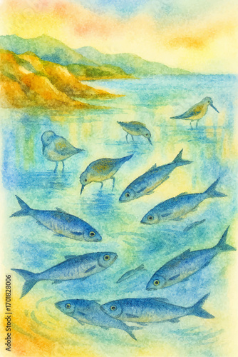 Underwater View of Fish and Rocky Shoreline – Detailed Vector Drawing Featuring Marine Life, Coastal Hills, and Textured Water for Stock Licensing and Educational Materials