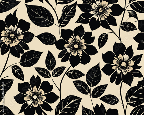 Elegant seamless vector pattern with stylized black flowers on a cream background. A classic and chic floral graphic for textile and print