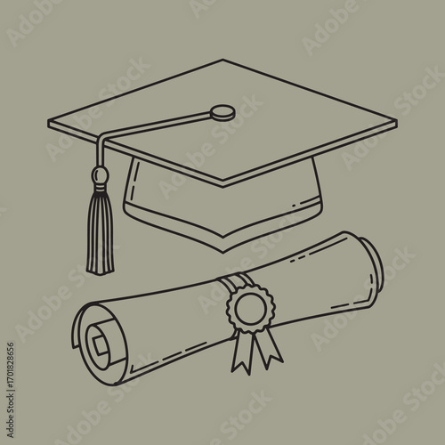 Elegant line art illustration of a graduation cap and diploma scroll, a symbol of academic achievement, commencement, and success