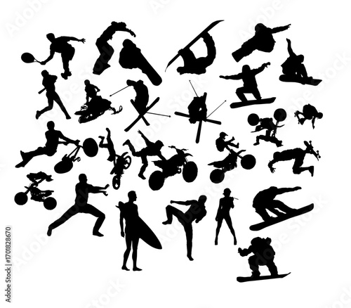 Silhouette extreme sports collection SVG transparent background – action athletes snowboarding, skiing, surfing, motocross, BMX, tennis, martial arts, fitness, weightlifting, skateboard, adventure