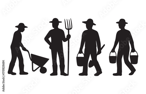Vector Silhouette of Farmers with Tools and Wheelbarrow
