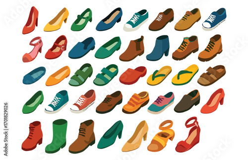 Colorful Shoes Collection Footwear Variety Sneakers Sandals Boots Heels Vector Illustration