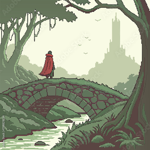Pixelated figure with red cape stands on stone bridge in verdant forest, gazing at distant castle