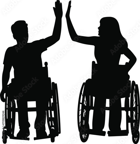 Disabled man and woman giving high five, teamwork, wheelchair users support, disability awareness, inclusive friendship, celebrating success together.