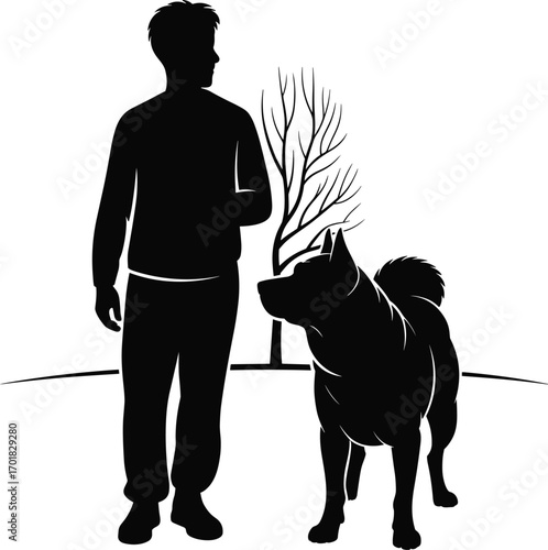 Man walking with loyal dog in park, pet companionship, nature background, animal friendship, outdoor lifestyle, peaceful moment, silhouette illustration.