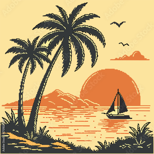Pixelated sailboat sails through peaceful sunset waters near tropical palm trees and mountains